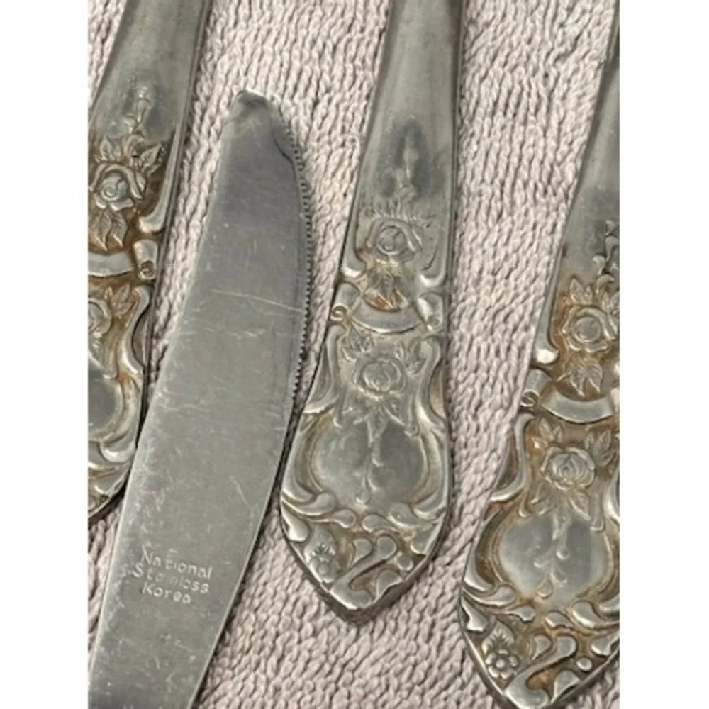 Vtg National Stainless Flatware Set 22pc Silverware Rose Floral Pattern Korea
